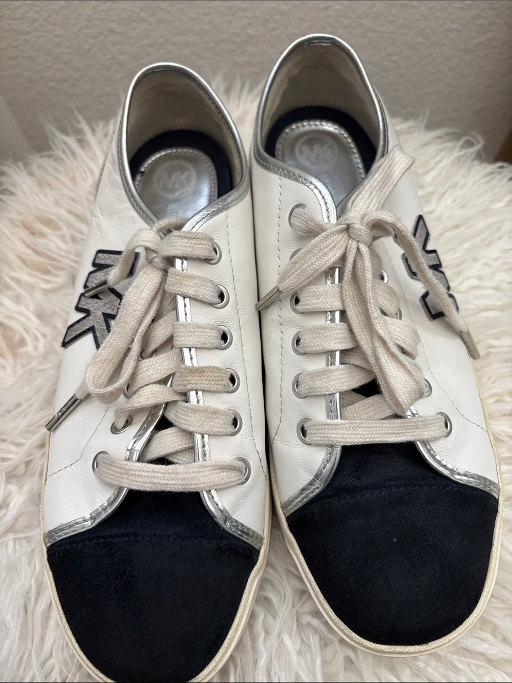 Michael Kors White, Black & Silver Low-Top Leather Sneakers